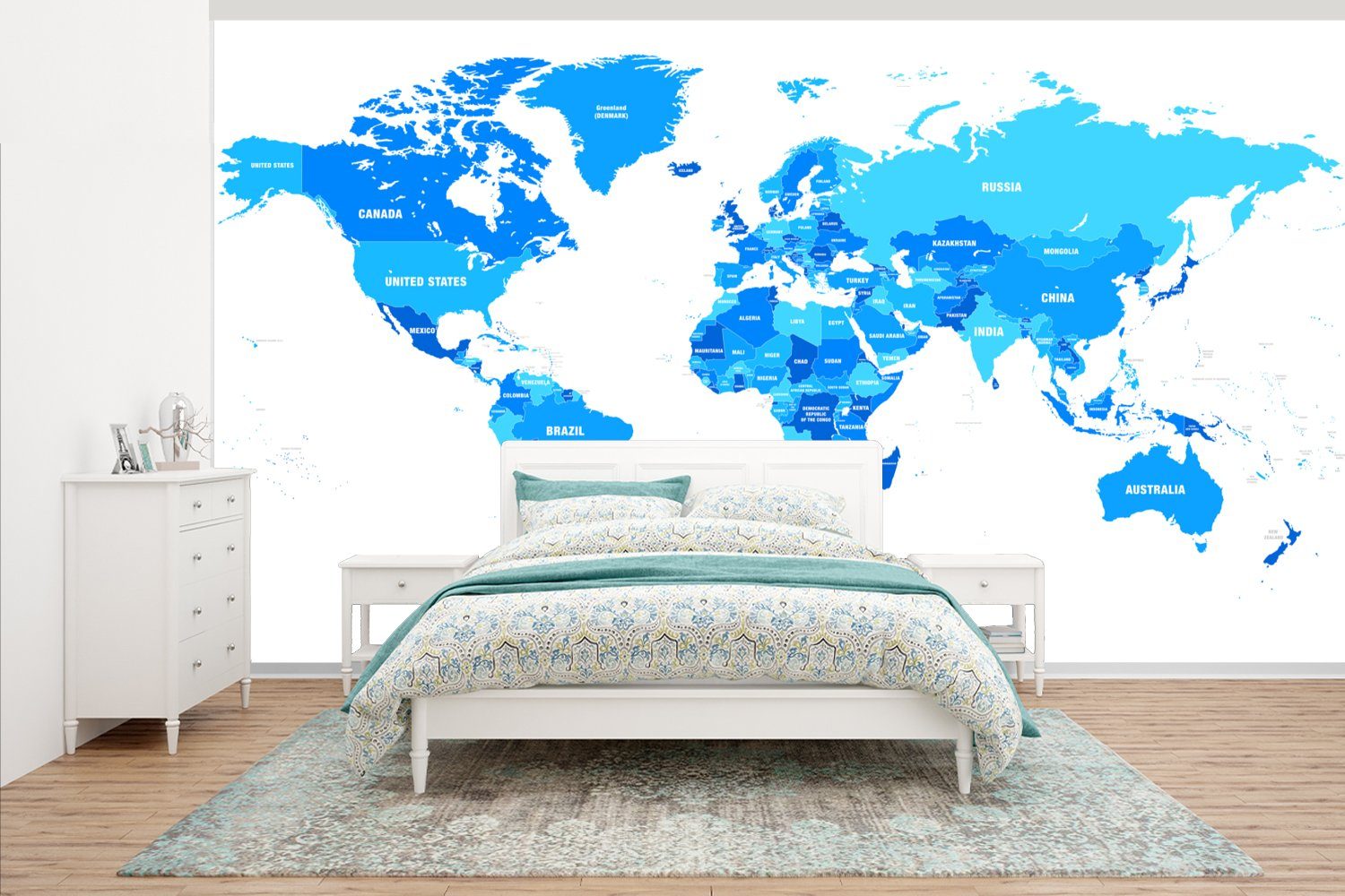(7 Fototapete Wohnzimmer Fototapete MuchoWow Weltkarte - St), für Blau Schlafzimmer Matt, - bedruckt, Vliestapete Buchstaben, Küche,