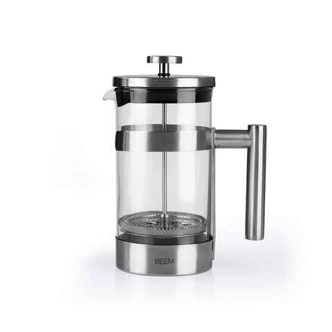 BEEM Kaffeebereiter French Press Kaffeepresse, 1l Kaffeekanne, Camping, Outdoor, Glas & Edelstahl, hitzebeständige Borosilitglas