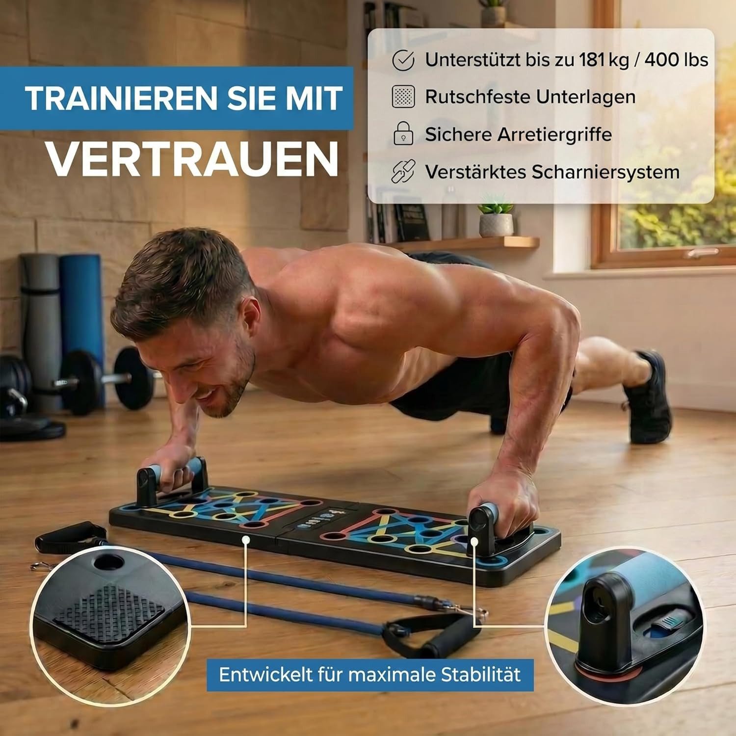 Body & Mind Liegestützgriffe 20-in-1 Liegestützbrett mit Griffen & Widerstandsbändern – Klappbar (Faltbares Multifunktions Fitness-Board, Ganzkörper-Training), Gratis Trainingsbänder