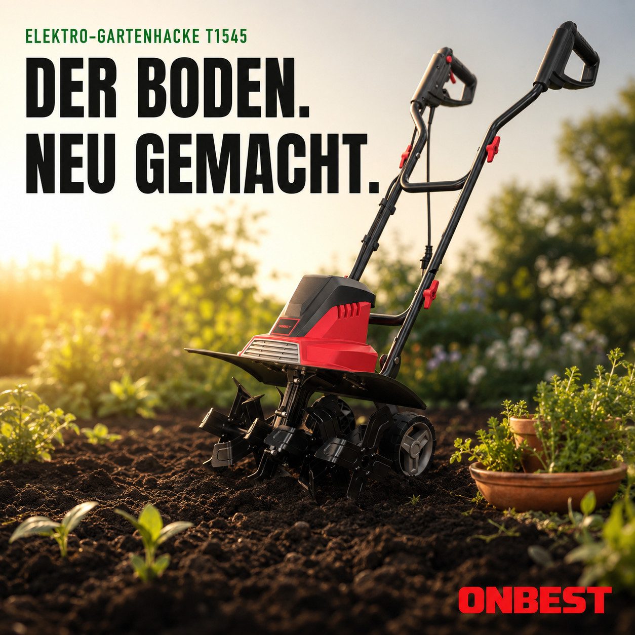 Onbest Elektromotorhacke Gartenfräse Bodenhacke T1545, 24 Messer, Transporträder, 10,5 kg, 45.00 cm Arbeitsbreite, 1500W, 20 cm Arbeitstiefe