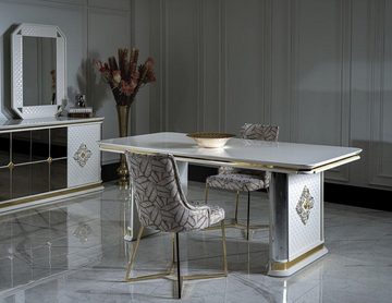 Casa Padrino Esstisch Luxus Art Deco Esstisch Weiß / Gold - Handgefertigter Massivholz Küchentisch mit Spiegelglas - Art Deco Esszimmer Möbel