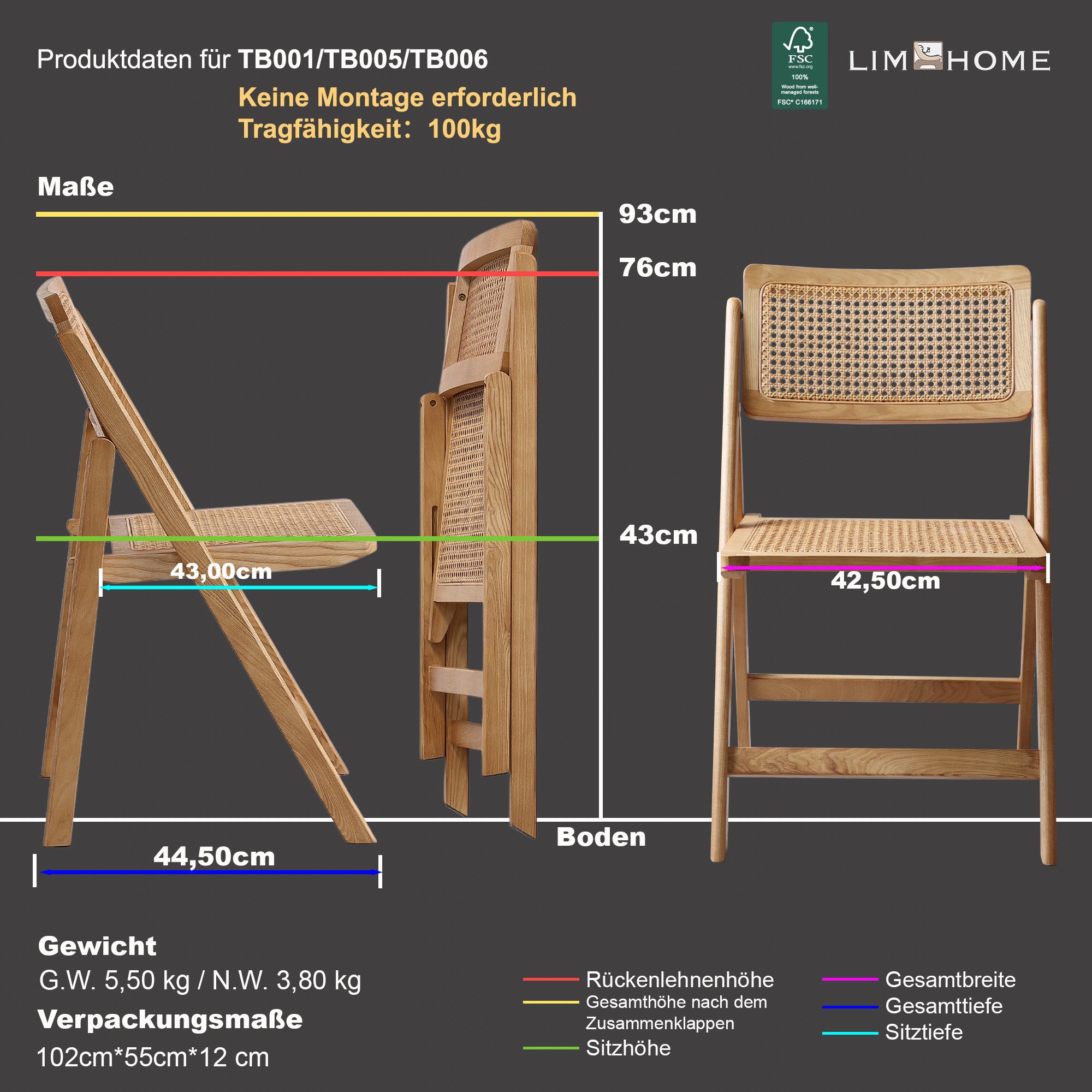 LIM HOME Klappstuhl TB000 (Packung, 1 St), Gestell aus Massiveholz FSC®, Si günstig online kaufen