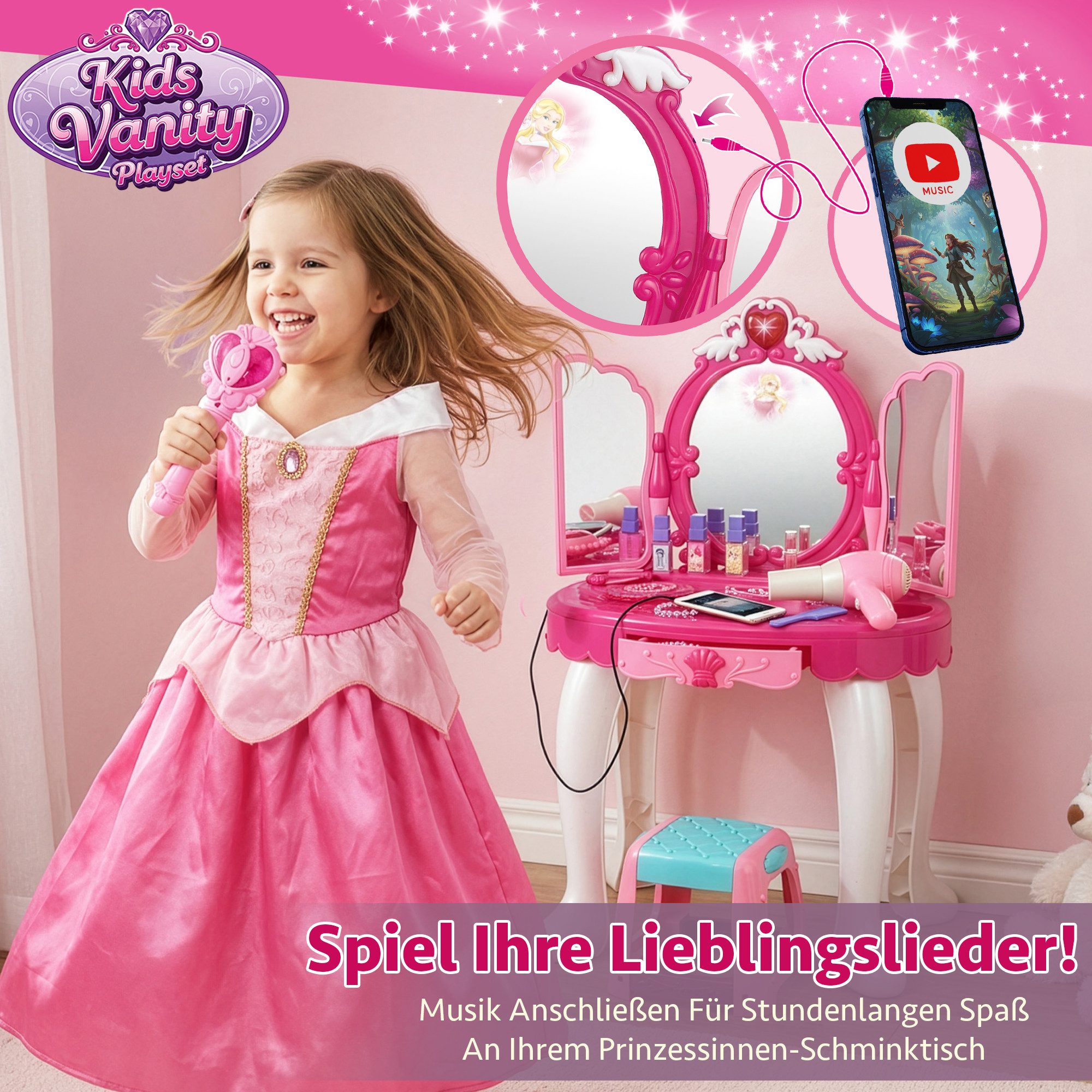 kinderplay Schminktisch Rosa Kinder Schminktisch – MP3 & Licht – Mädchen Spielset, Interaktiver Schminktisch mit Licht – Bild 5 von 5