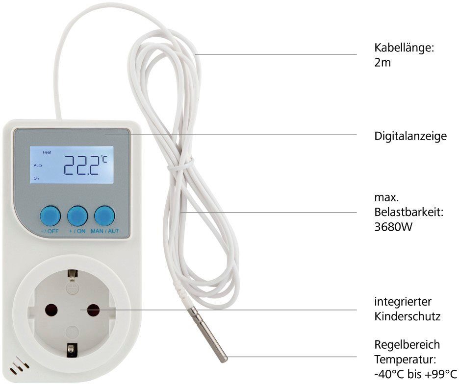 Steckerthermostat Raumthermostat Infrarotheizung, für mit Klimagerät, Xavax Steckdosen-Thermostat, Fühler