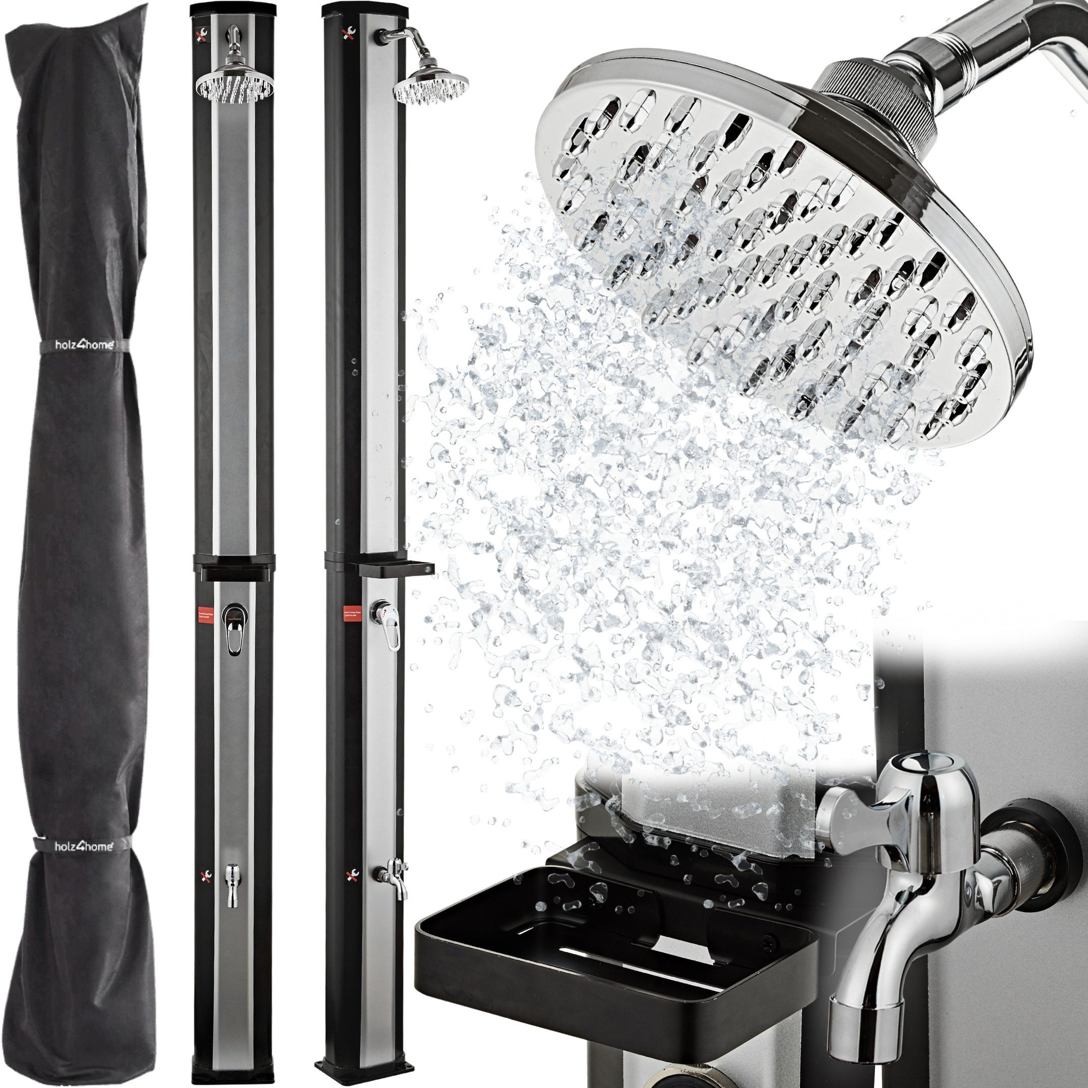 holz4home® Solardusche Gartendusche Aussendusche mit Warmwasser I Pooldusche Saunadusche, Mit Fußdusche und Seifenablage