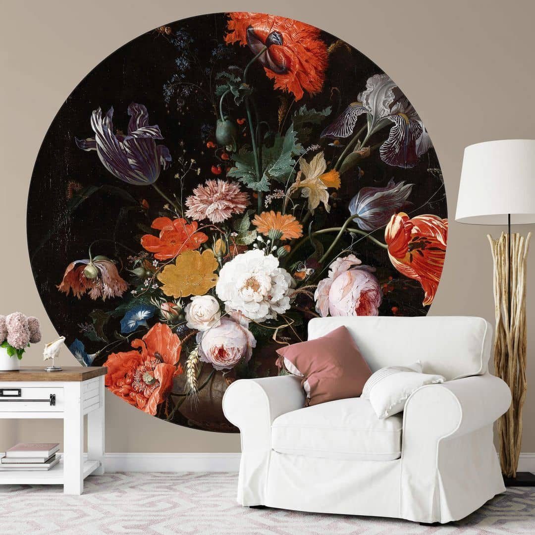 K&L Wall Art Fototapete Mignon - Stillleben Blumen, Vliestapete, rund, vintage floral, Blumenstrauß Tapete