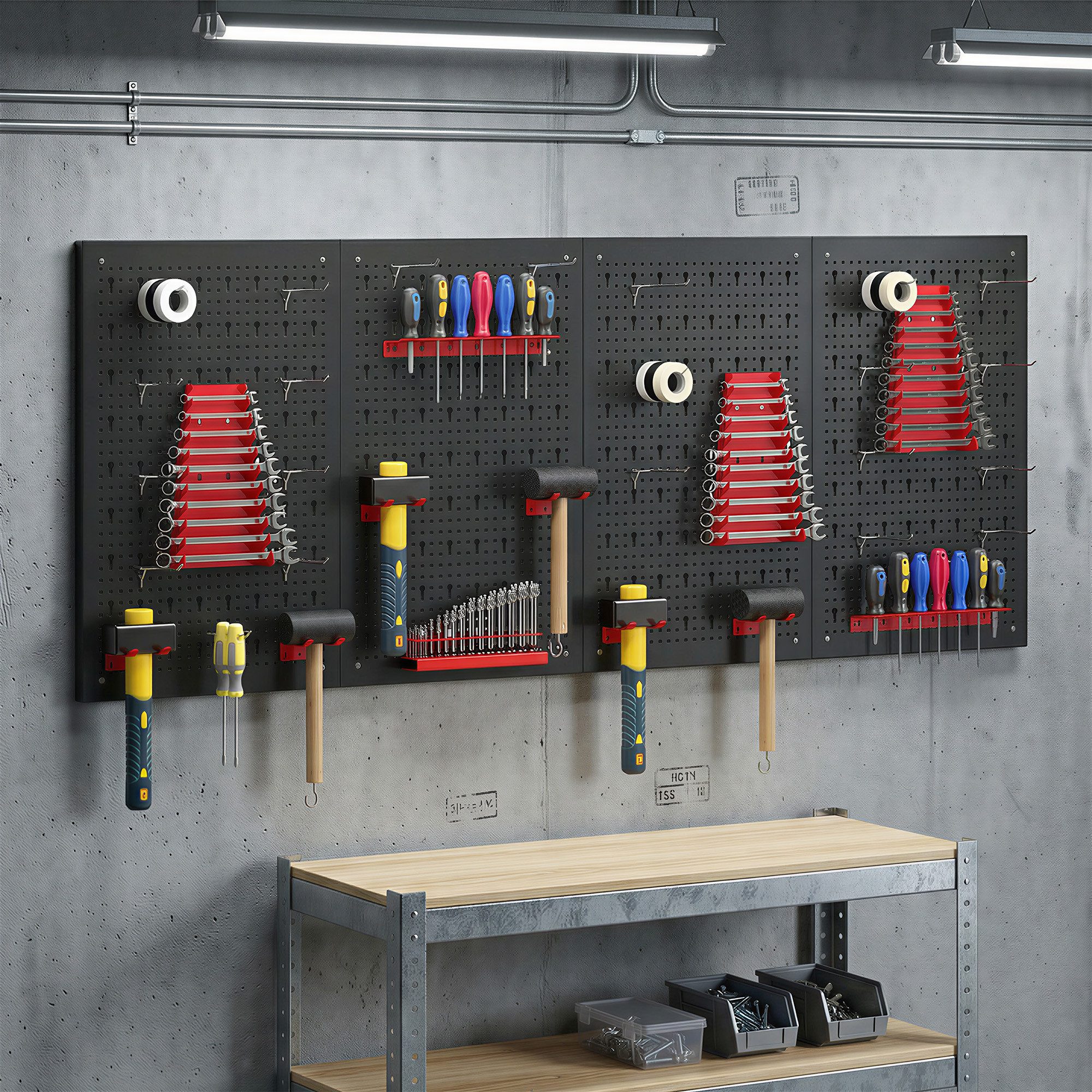 HOMCOM Lochwand Schüttenregal, Ablageböden, Sichtlagerkästen, Werkstattregal, 4 Stk., mit 22 Haken, (Lagersystem, 38-tlg., Wandregal), 60 x 40 x 2 cm Schwarz+Rot