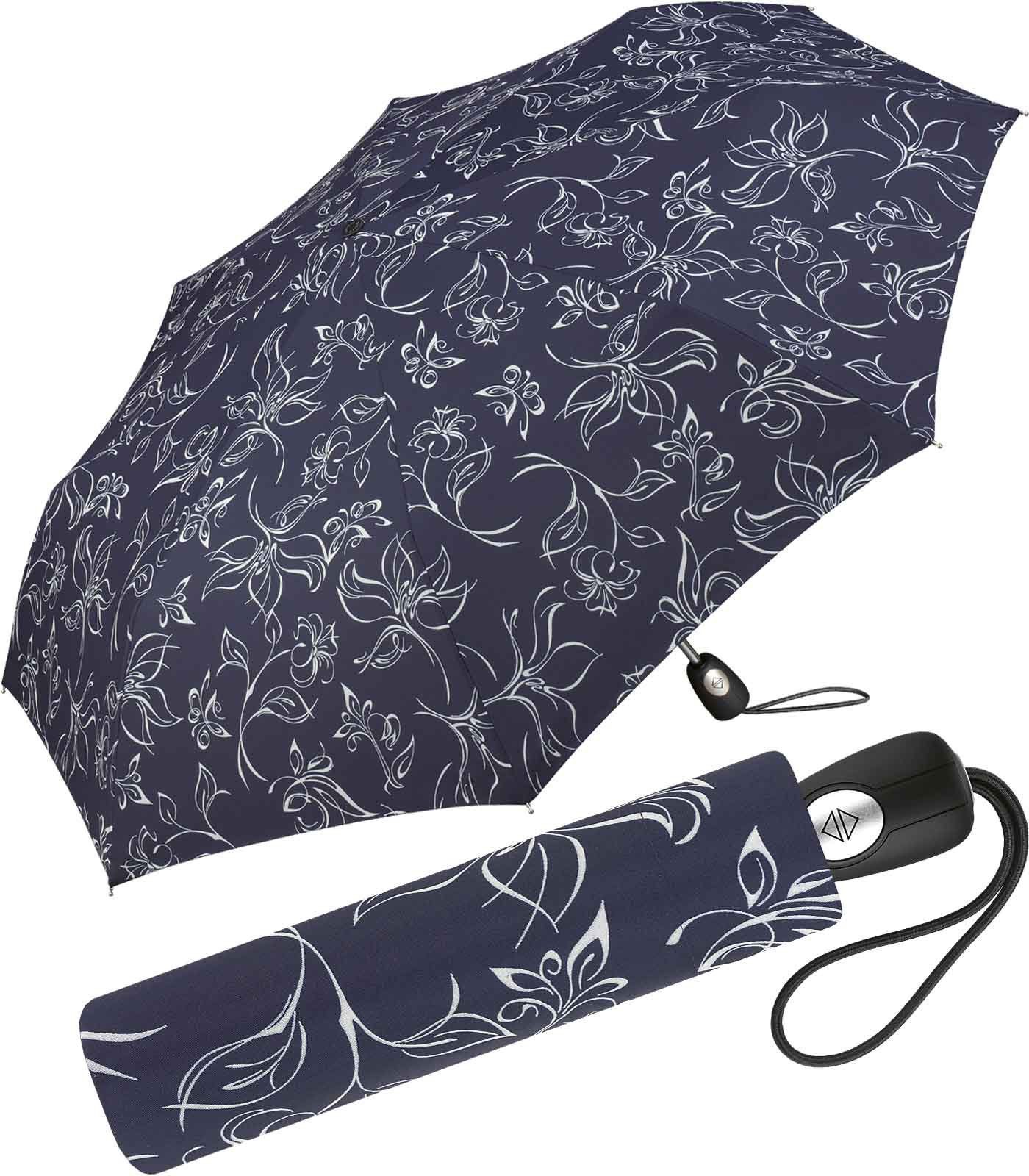 Pierre Cardin Taschenregenschirm schöner Damen-Regenschirm mit Auf-Zu-Automatik, mit wunderschönen Blumenskizzen weiß-dunkelblau