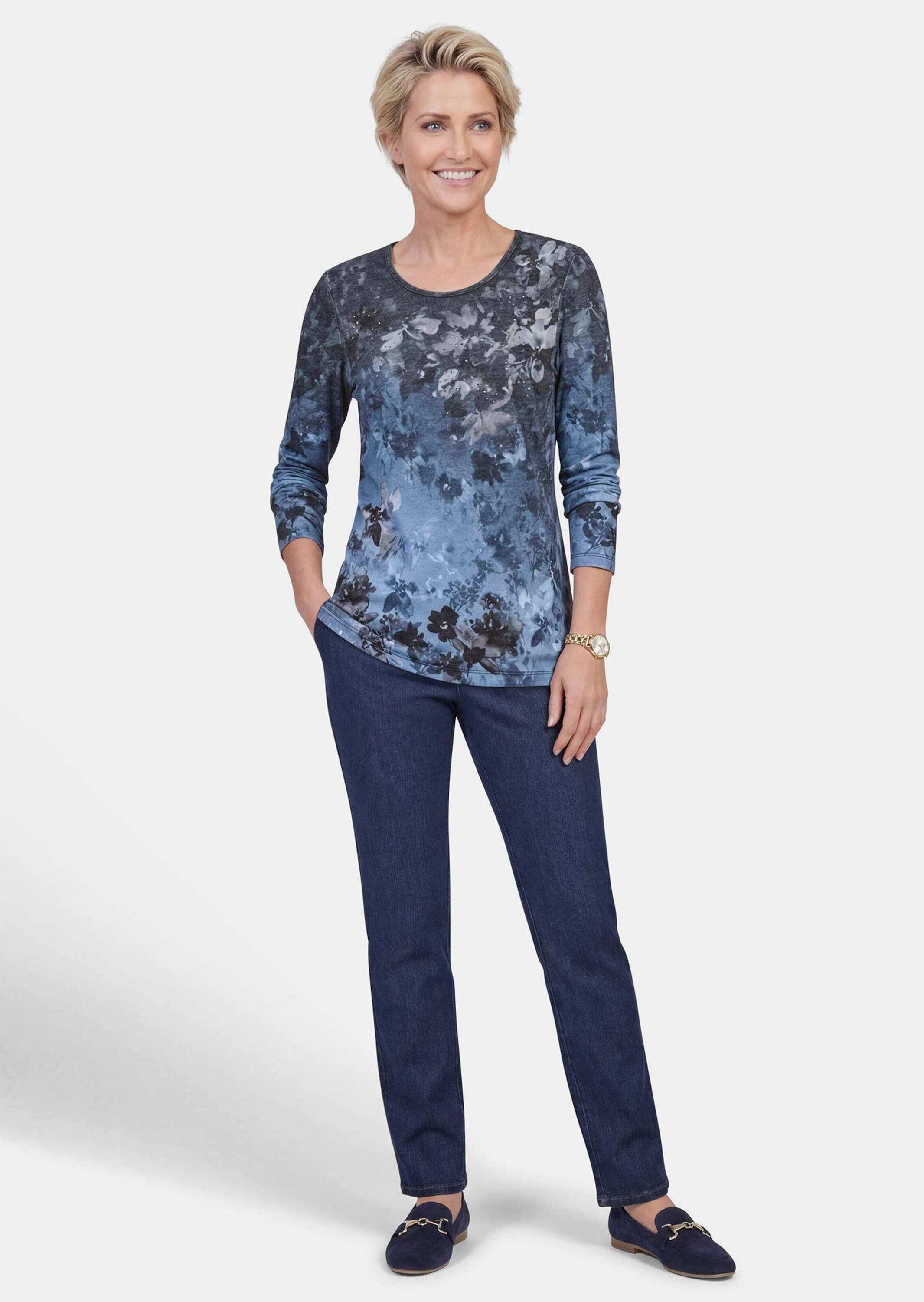 GOLDNER Langarmshirt Kurzgröße: Jerseyshirt mit Blütenranken Flauschiges Langarmshirt mit Glitzersteinen, Rundhals