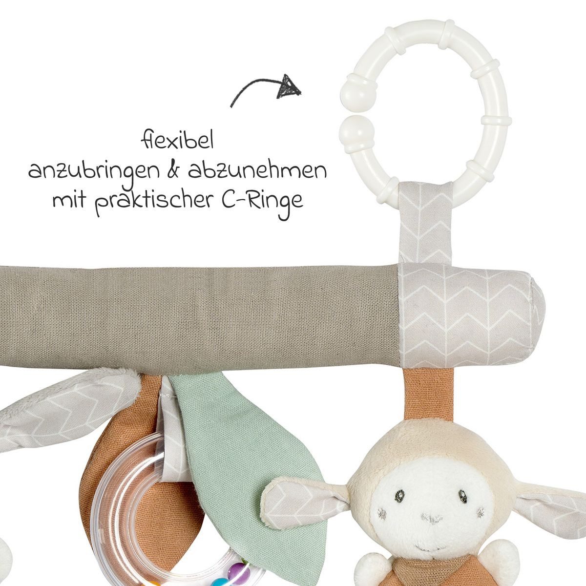 Fehn Greifspielzeug Esel & Schaf Activity-Trapez, zum Aufhängen - Stoff-Lernspielzeug mit Rassel und Quietsche
