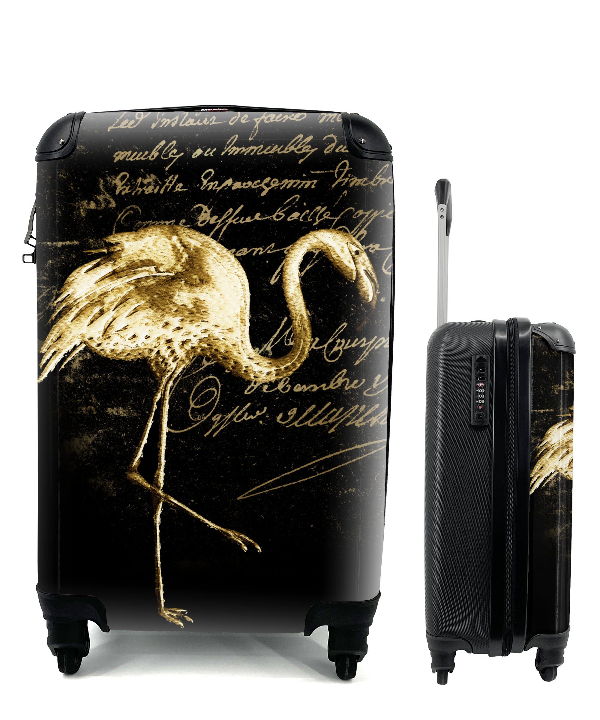 4 MuchoWow für Gold, Illustration Ferien, Rollen, Reisekoffer Reisetasche Flamingo rollen, - Handgepäckkoffer - Handgepäck Trolley, mit