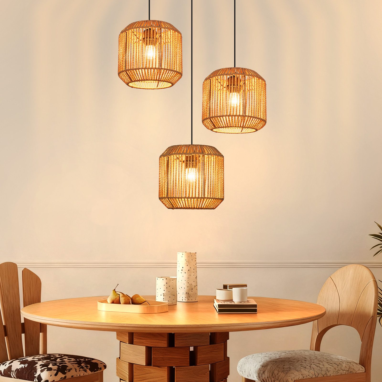 ZMH Pendelleuchte E27 3 Flammige Vintage Hängelampe Boho Papiergarn Deckenlamp, ohne Leuchtmittel