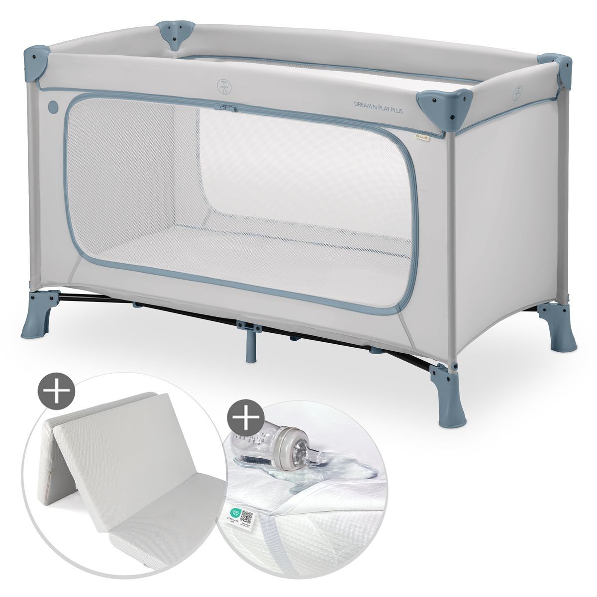 Hauck Baby-Reisebett Dream N Play Plus - Dusty Blue, Kinder Baby Reisebett mit großem Eingang, Matratze & Betteinlage