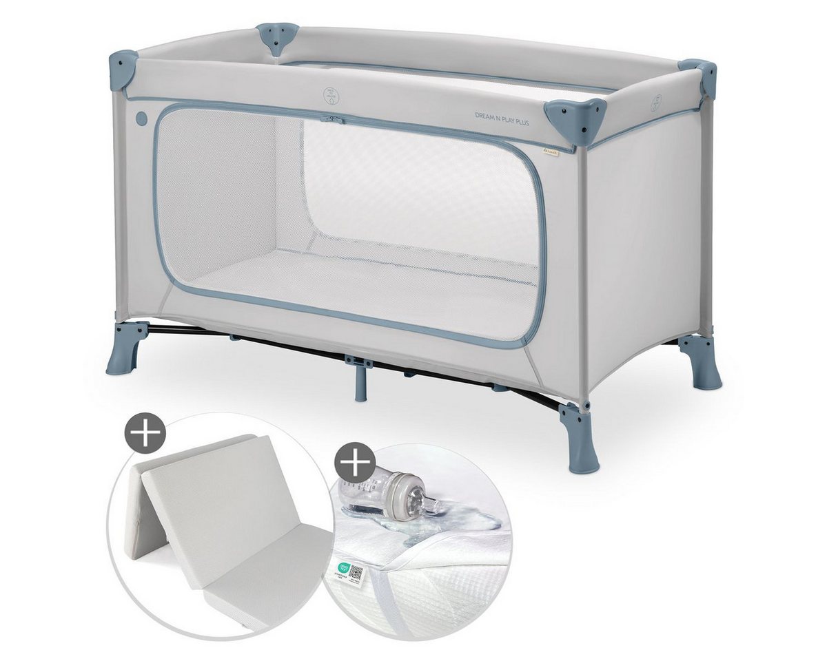 Hauck Baby-Reisebett Dream N Play Plus - Dusty Blue, Kinder Baby Reisebett mit großem Eingang, Matratze & Betteinlage