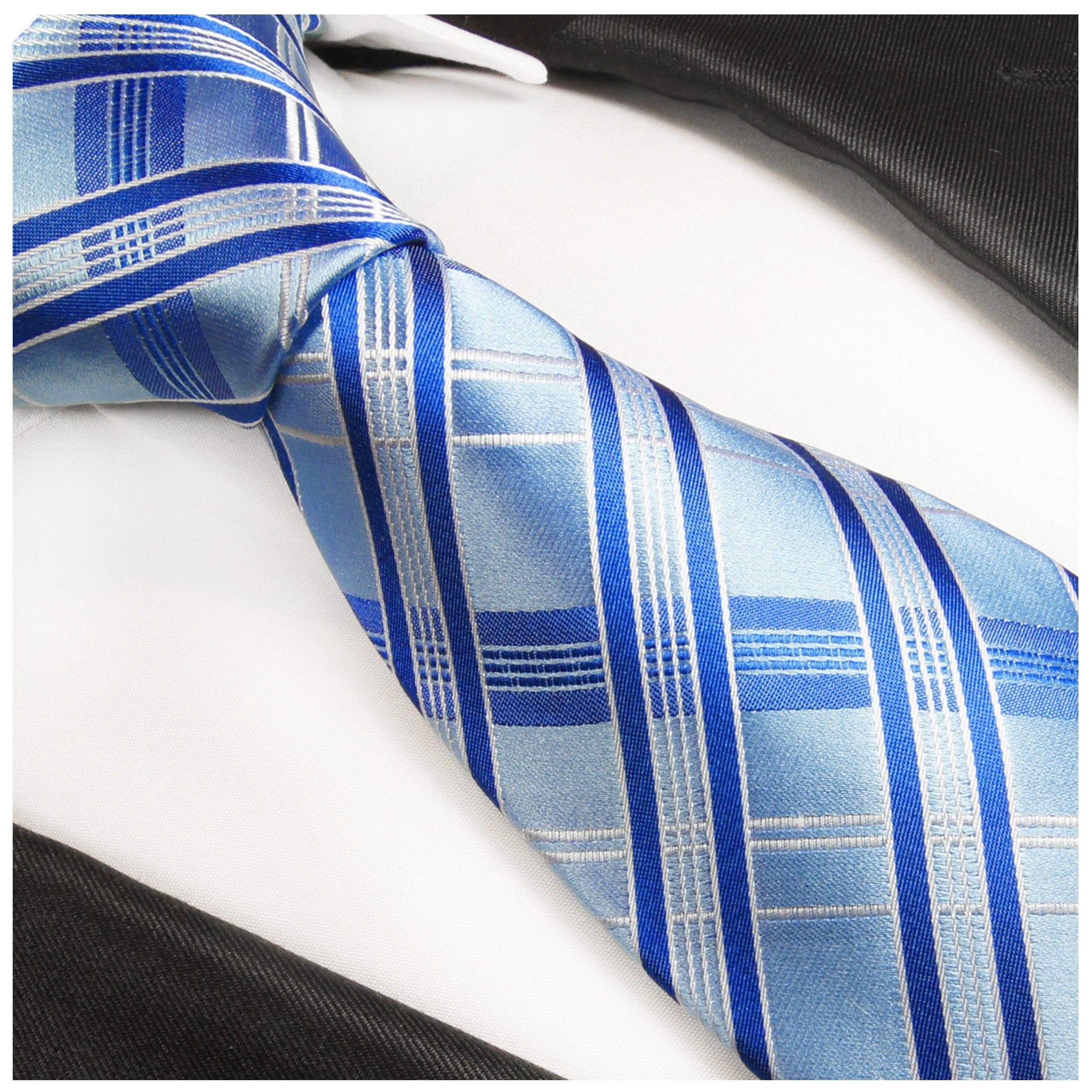 (6cm), Krawatte mit mit Krawatte hellblau Einstecktuch) 100% 2018 Schmal Paul Moderne gestreift 2-St., Seidenkrawatte Tuch (Set, blau Herren Malone Seide