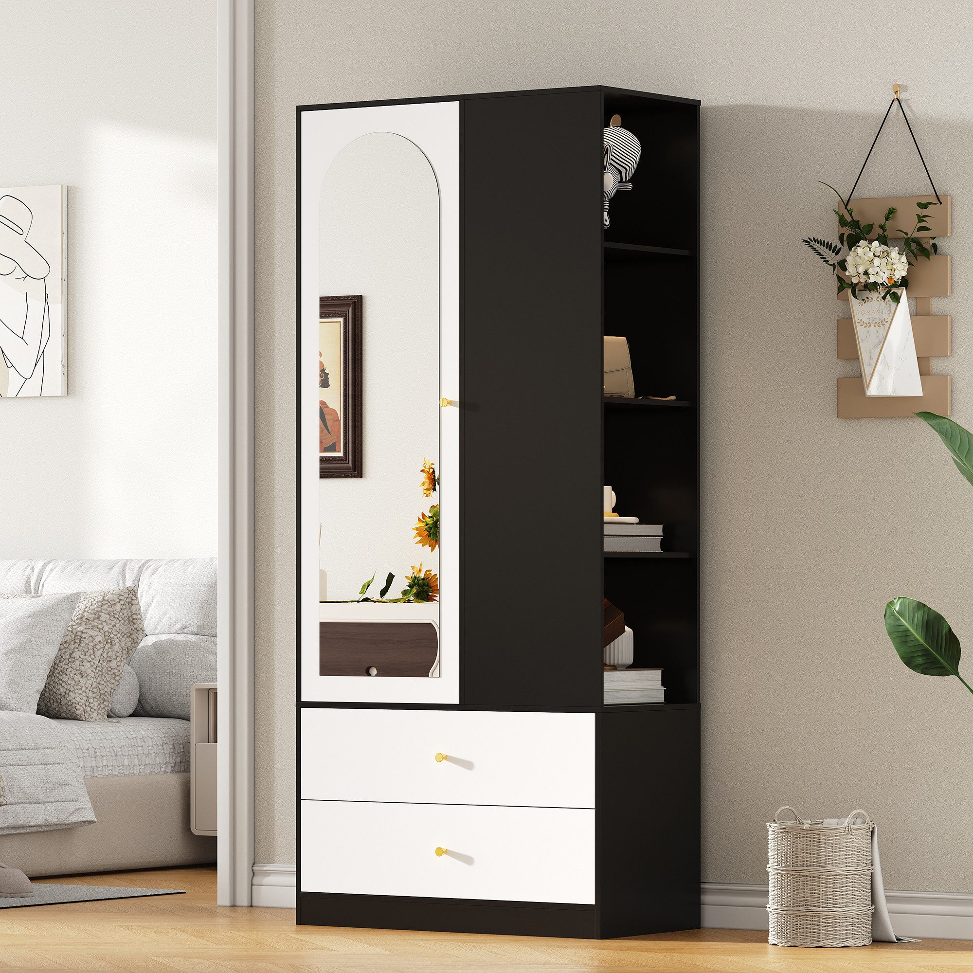 Flieks Kleiderschrank mit Spiegel, 2 Schubladen, 1 Tür und 4 offenen Fächern (1-St., 80x40x180 cm) Garderobenschrank Drehtürenschrank Hochschrank Schwarz&Weiß