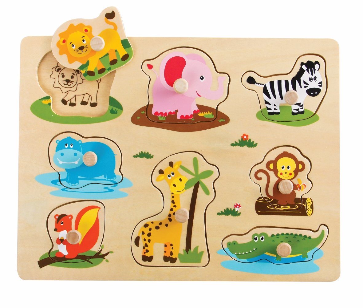 Lelin Steckpuzzle 20065 Holzpuzzle "Safari" mit Knauf, 8 Puzzleteile