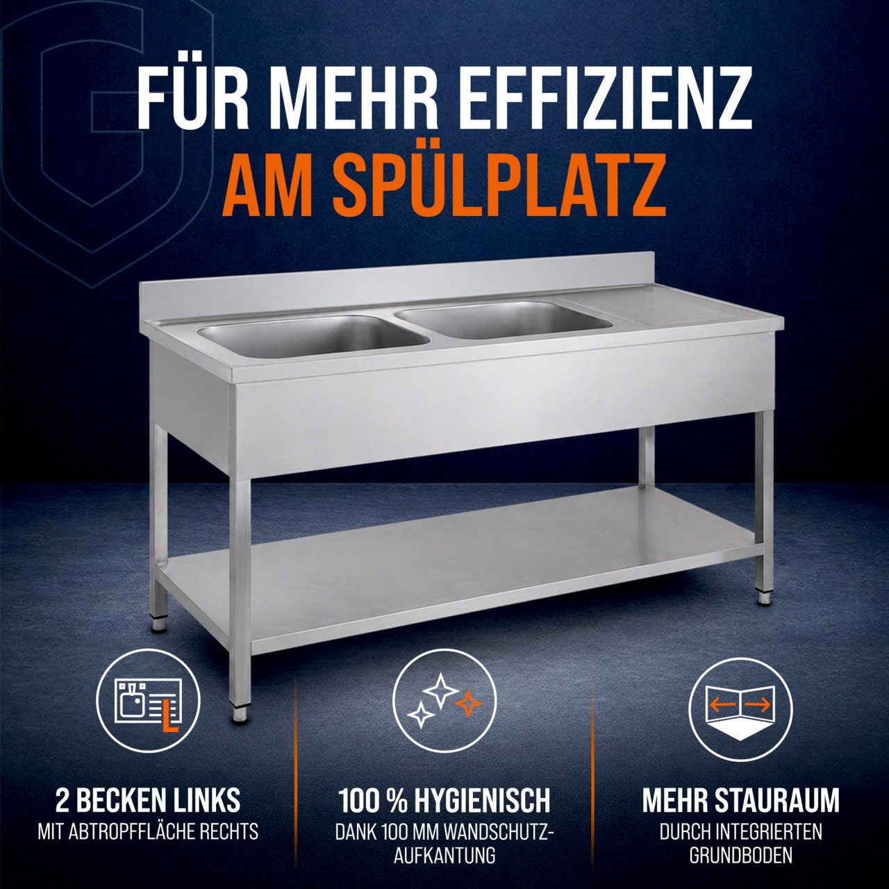 GastroHero Arbeitstisch Spültisch 160x60 cm - Edelstahl mit Becken - Gastro - Spüle
