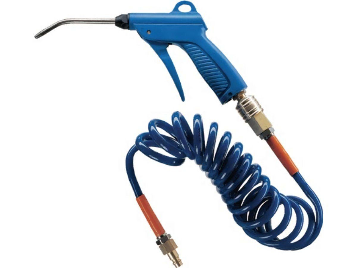 EWO Blaspistole Ausblaseset airbasic Kupplungsstecker DN 7,2 m.Verl.u.6,0m Schlauch EWO dosierbar mit Verlängerung, Spiralschlauch aus Polyurethan montiert mit selbststellender Kupplung und Stecknippel · max. Arbeitslänge: ca. 60 % der gestreckten Длина