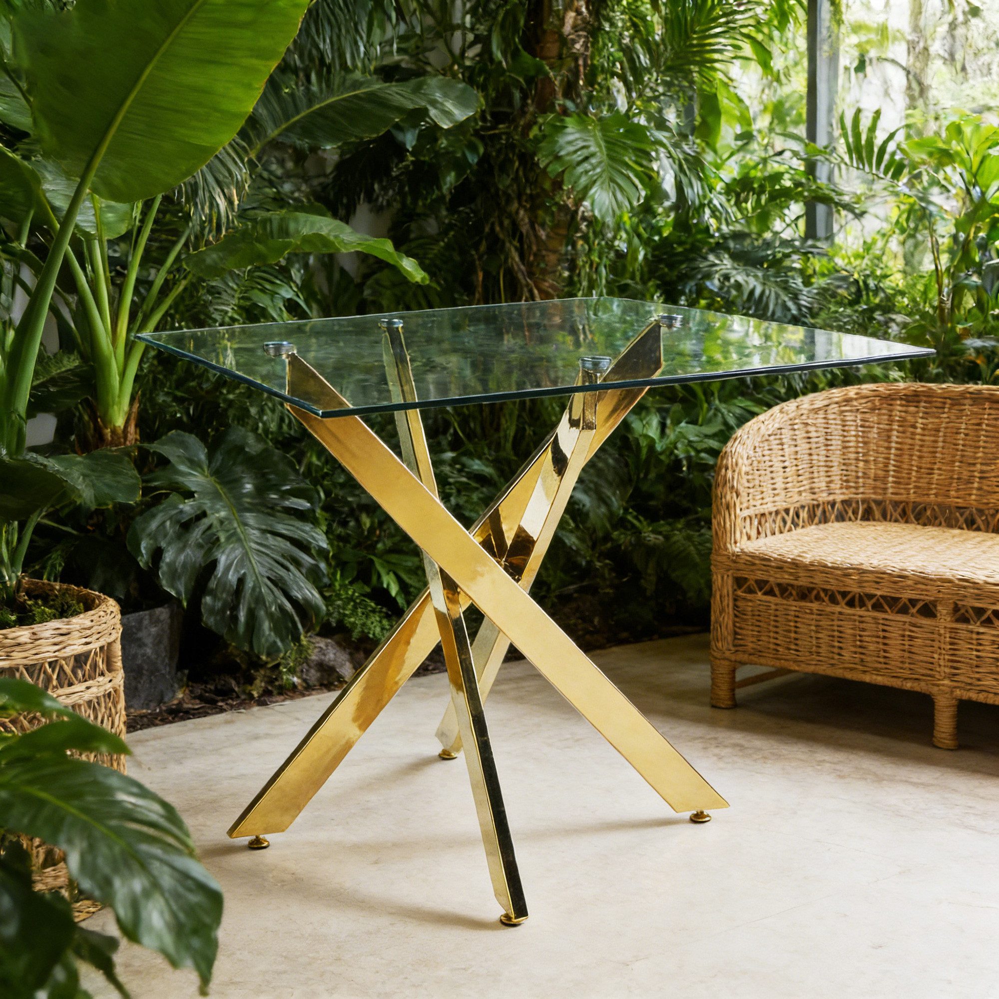 Celya Esstisch Quadratischer Tisch mit kreuzförmigen Metallbeinen (80x80x75cm, Tischplatte aus gehärtetem Glas, verchromte Beine), Modernes und minimalistisches Design, ideal für Wohnzimmer.