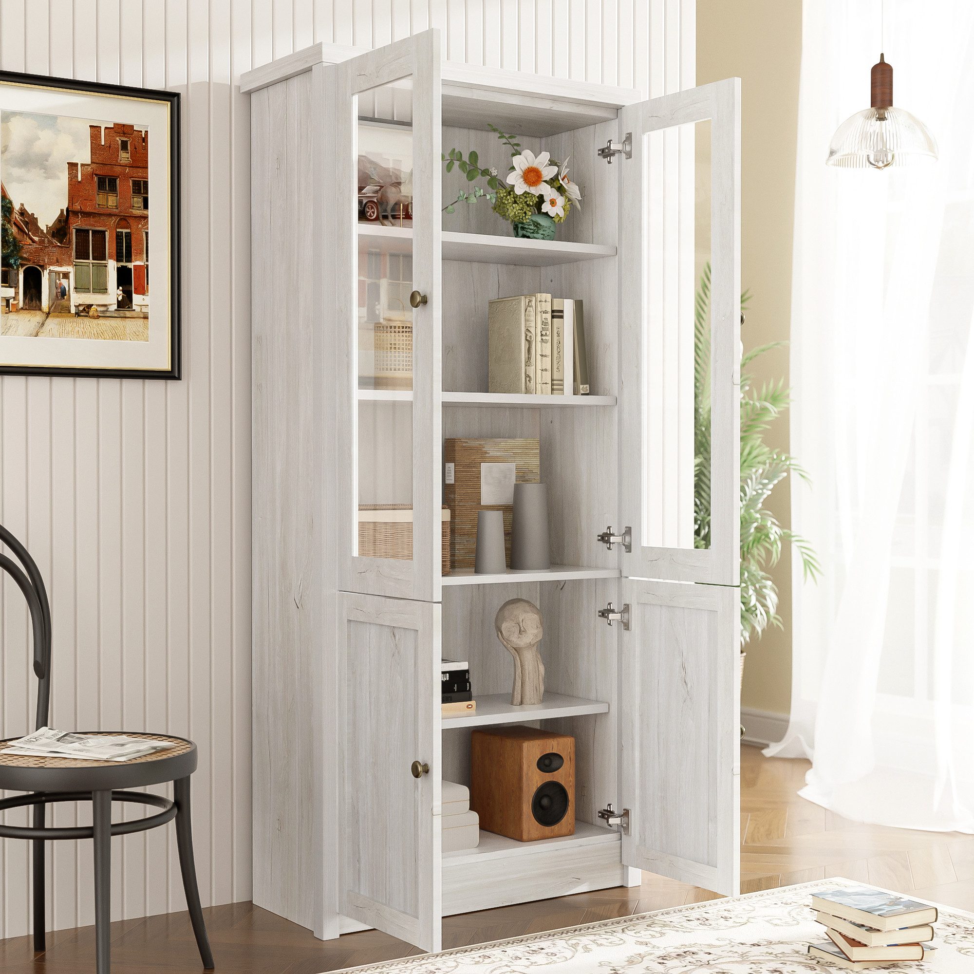 Flieks Hochschrank mit Glastüren/Holztüren (B80/T34/H171 cm, günstig online kaufen