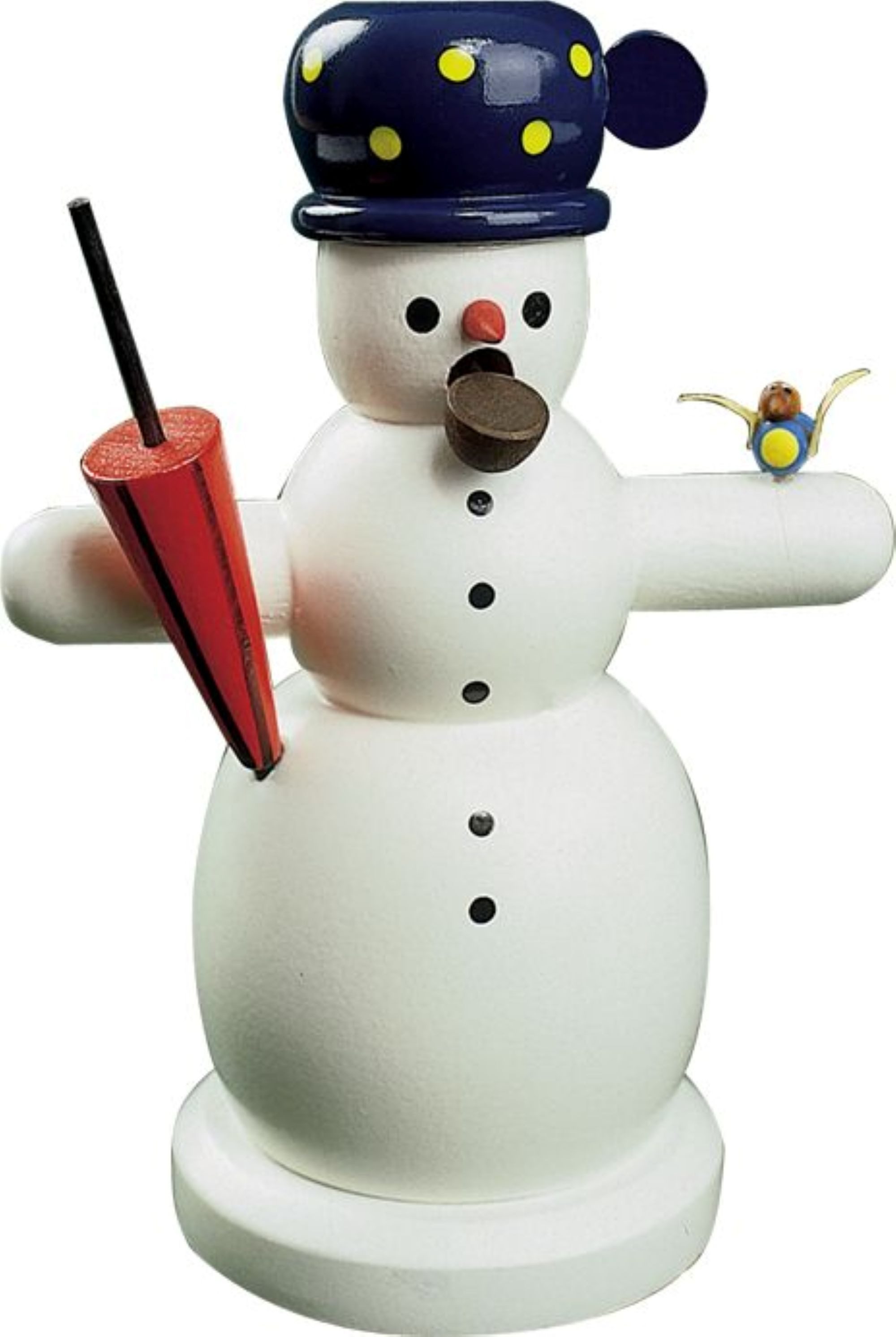 Richard Glaesser Räuchermännchen Schneemann mit Schirm und Vogel, Handwerkskunst original Erzgebirge