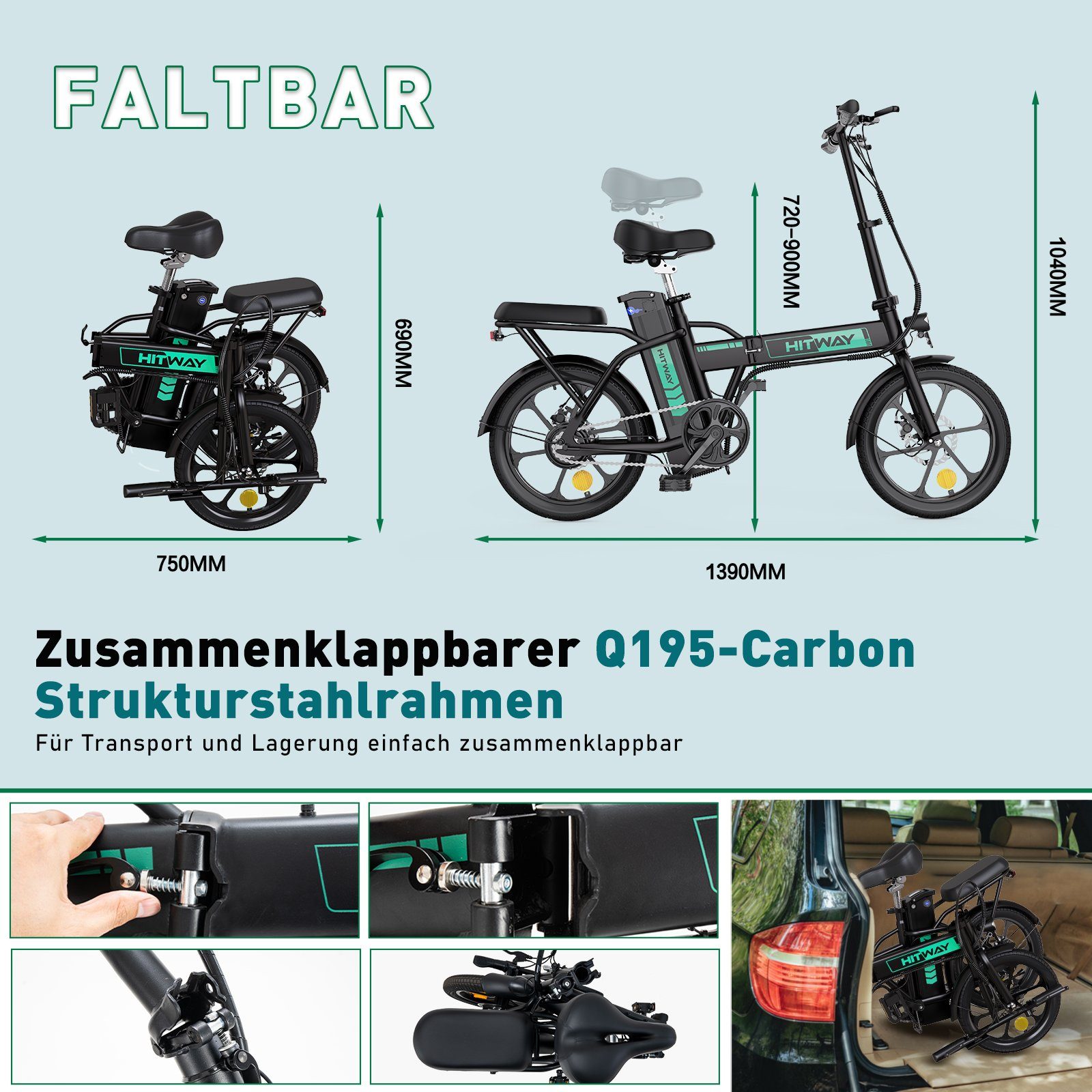 36V/8,4Ah und Heckmotor, E-Bike Pumpe, für HITWAY mit Damen Fahrradschloss schwarz Batterie,250W Motor,25km/h,bis Herrn 35-70km,16",