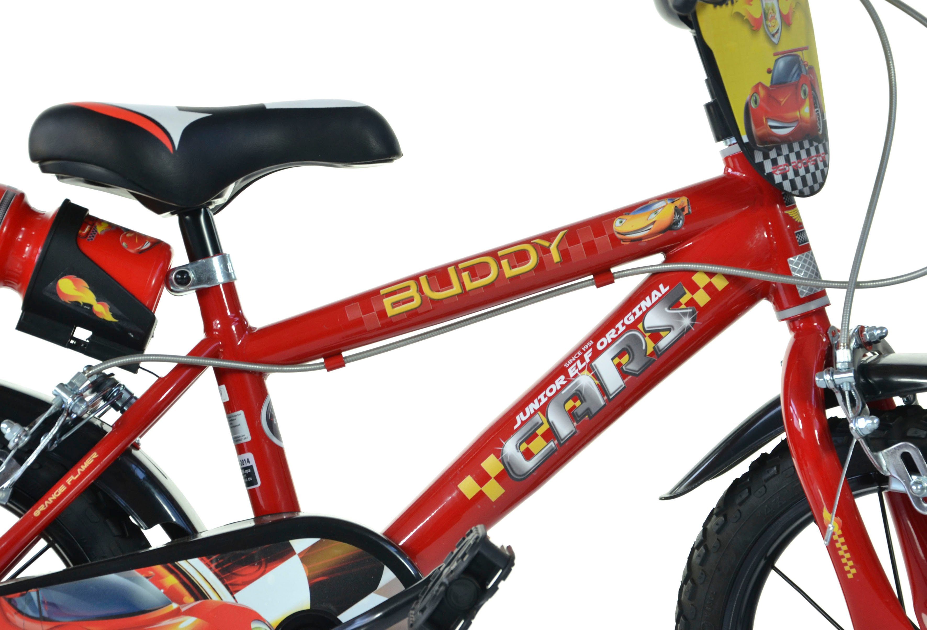 Dino Bikes Kinderfahrrad 14" Cars Kinderfahrrad Jungenfahrrad stabiler Stahl-Rahmen Stützräder, 1 Gang, mit Stützrädern, Trinkflasche und Frontschild