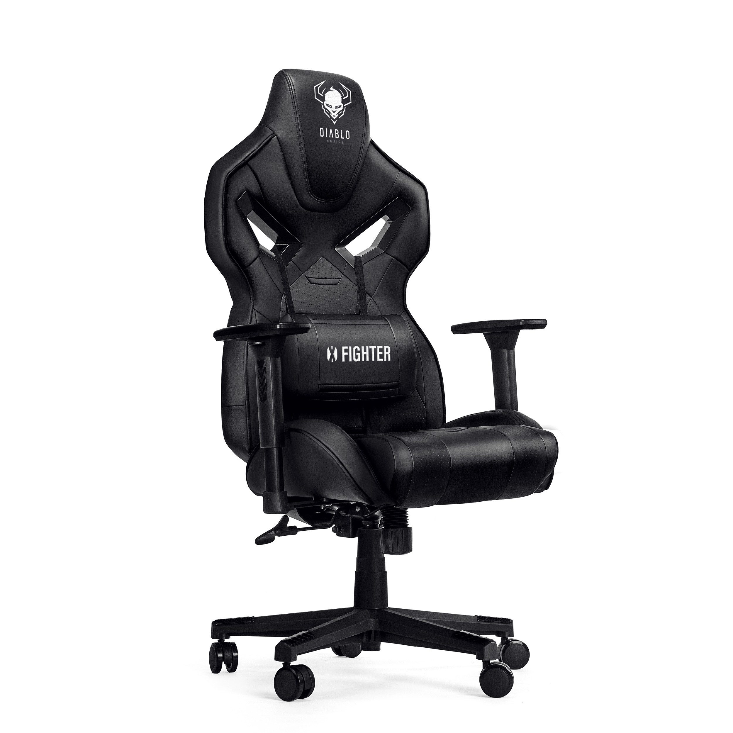 DIABLO CHAIRS Gaming-Stuhl X-Fighter Kunstleder perforiert ergonomisch 3D-Armlehnen (3D-Armlehnen, Kunstleder perforiert, BIFMA Wippfunktion, 150kg), Kopfstütze Lendenkissen Wippfunktion BIFMA Metallbasis