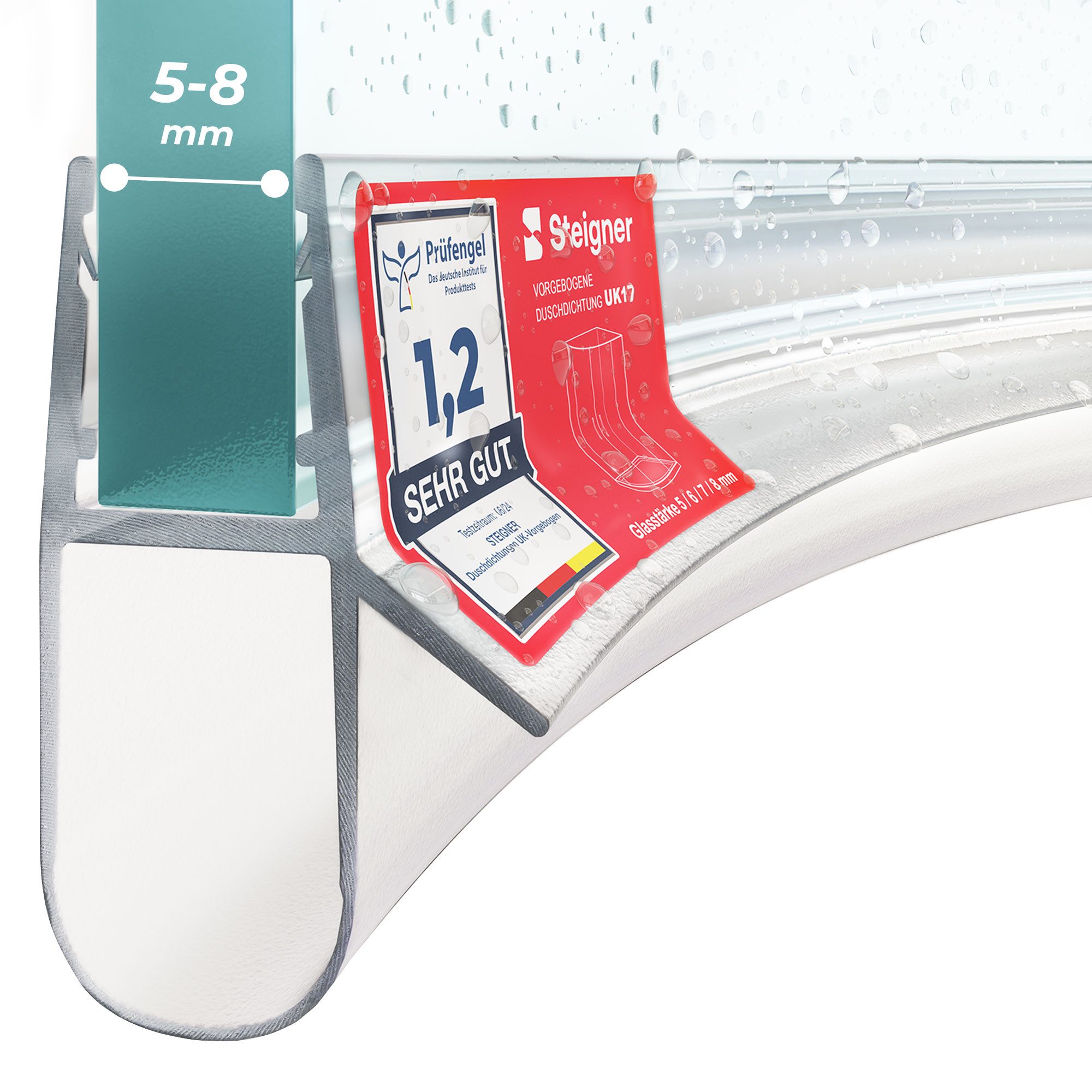 STEIGNER Duschdichtung Duschtürdichtung gebogen UK17 30 cm (1 Stk) Transparent 5-8 mm, L: 30 cm, (1 Stück Packung, Einzeldichtung), Duschdichtung Runddusche oder Duschkabine Viertelkreis mit Duschtür