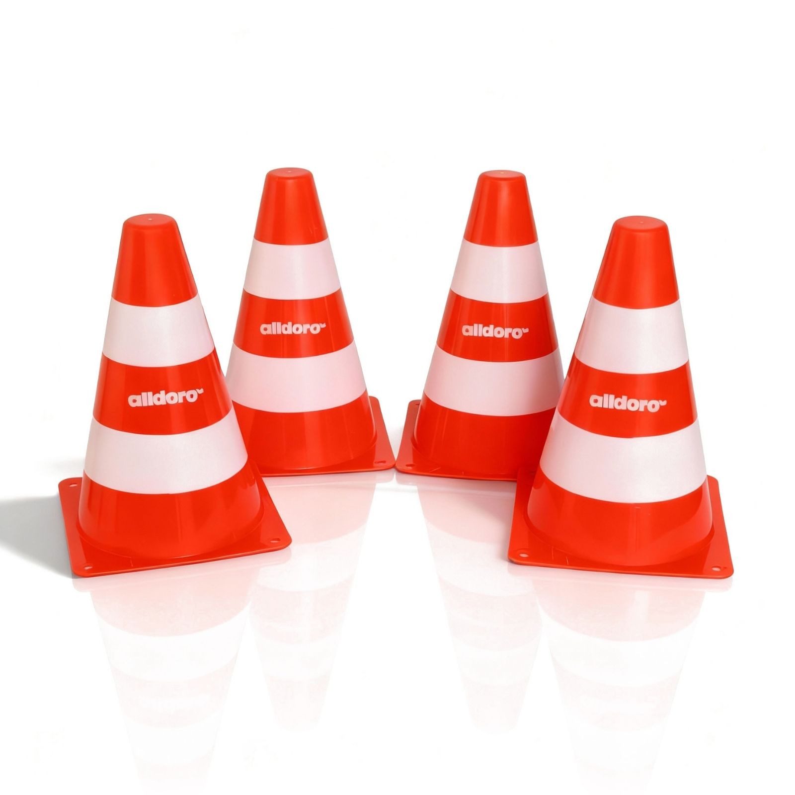 alldoro Pylonen 4er Set für Kinder, Kunststoff-Leitkegel orange-weiß, 18 cm hoch, Verkehrshütchen für Spiel, Sport, Freizeit & Verkehrserziehung