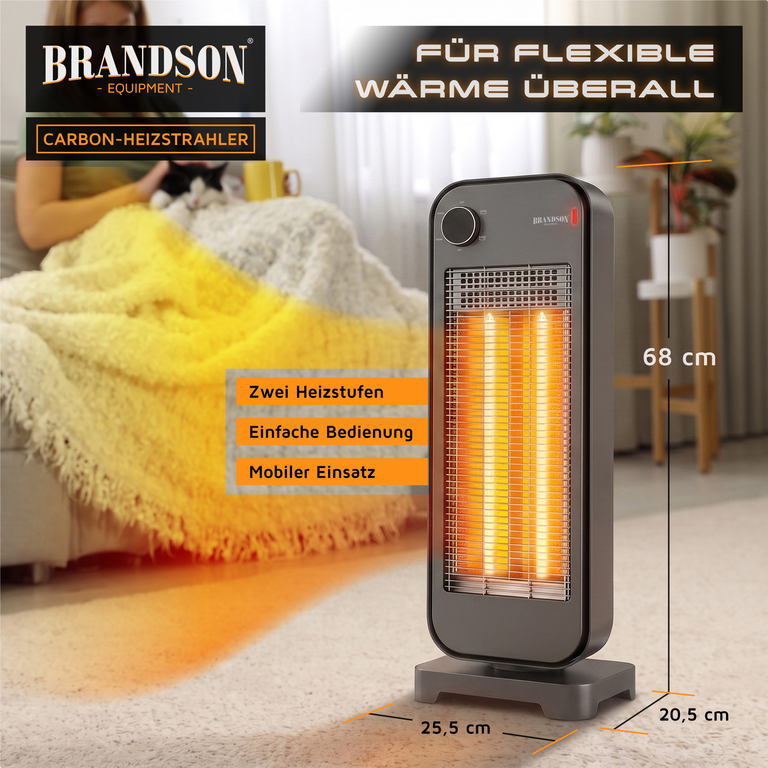 Brandson Infrarotstrahler Carbon Heizstrahler 900 W, 2 Heizstufen, 90° Oszillation, 900 W, 2 Carbon-Heizelemente, flüsterleise, Kippschutz, Standfuß