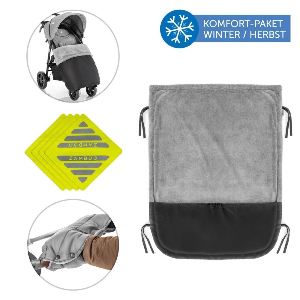 Zamboo Fußsack Komfort- & Schutzpaket, Universal Decke für Kinderwagen &  Buggy - Beindecke mit Handmuff / Handwärmer, Reflektoren für Kinderwagen