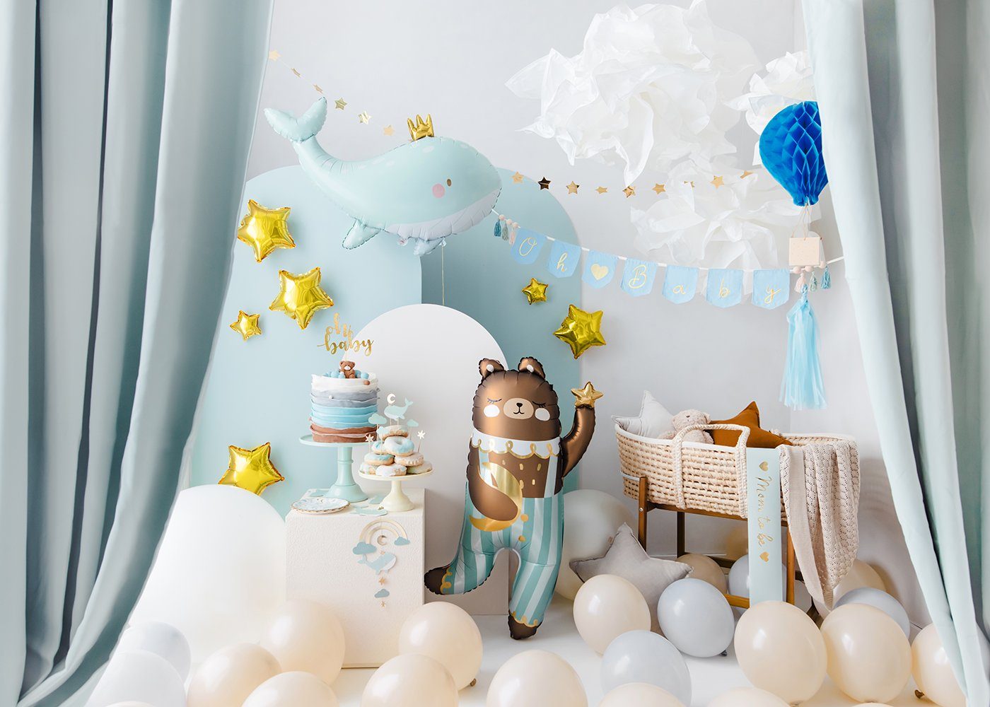partydeco Tortenstecker, Cake Topper Wal 13,5cm mint gold 7er Set