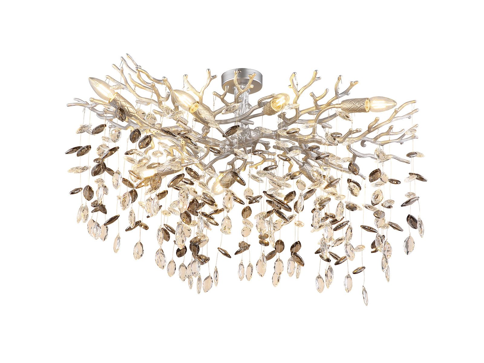 GLOBO LIGHTING LED Deckenleuchte mit Kristall 2-farbig, Breite 85cm, Dimmfunktion, LED wechselbar, Warmweiß, ausgefallene extravagante große Deckenlampe in Zweigoptik, mehrflammig