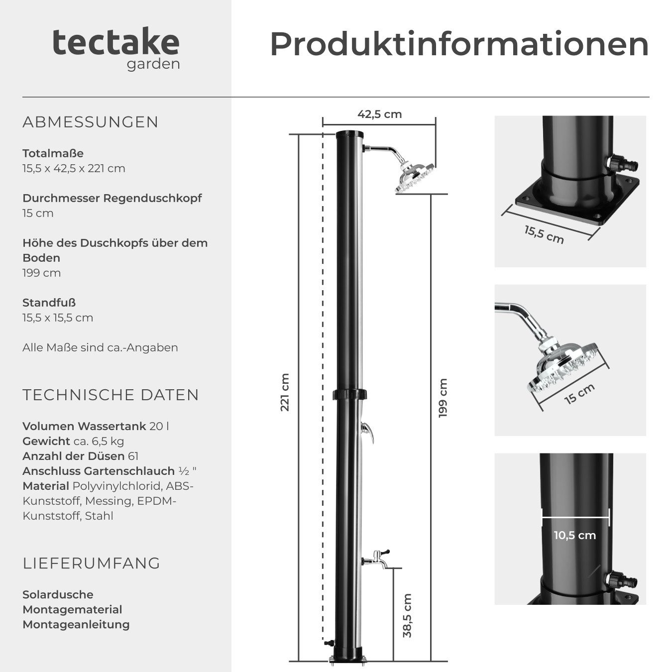 tectake Gartendusche Solardusche - umweltfreundlich mit 20 l Tank (Freiluftdusche Tinto, 1 St., in Schwarz/Silber), Drehbarer Regenduschkopf mit 360° Gelenk