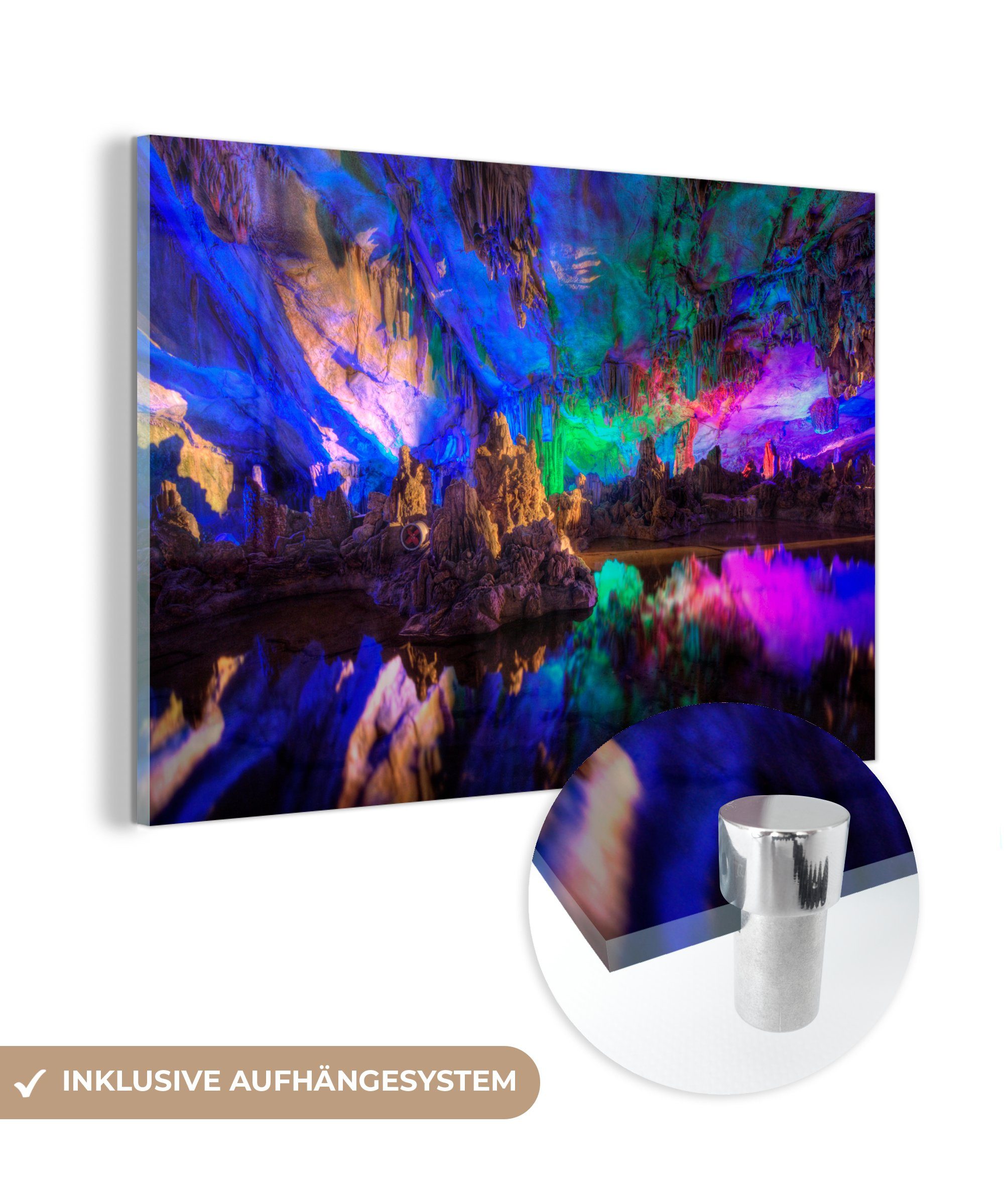 MuchoWow Acrylglasbild Ein buntes Licht auf den Felsen der Reed Flute Höhle, (1 St), Acrylglasbilder Wohnzimmer & Schlafzimmer