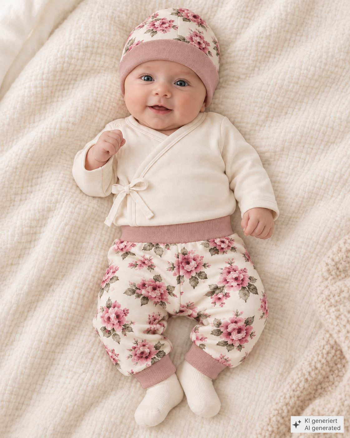 La Bortini Neugeborenen-Geschenkset Baby Set Wickelhemdchen in Creme Hose Mütze Socken Anzug (Shirt mit Kratzschutz, Hose, Strümpfe, Mützechen, 4-teilig, für Neugeborene Mädchen) mit Blumenmuster, 44 50 56 62 68