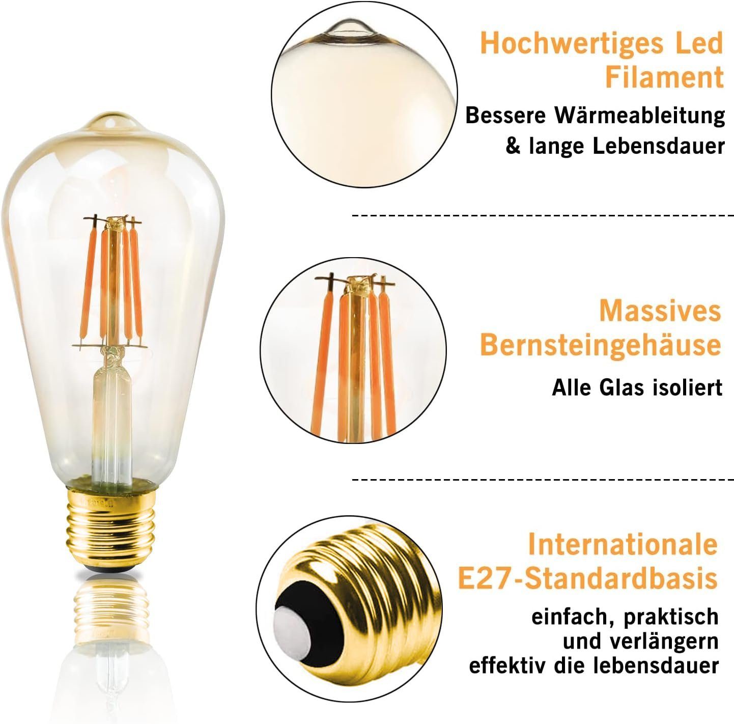 ZMH LED-Leuchtmittel LED Edison Vintage ST64 Antike St., Warmweiß E27, Glühlampe Bulb, Dekorativ 6 Glühbirne