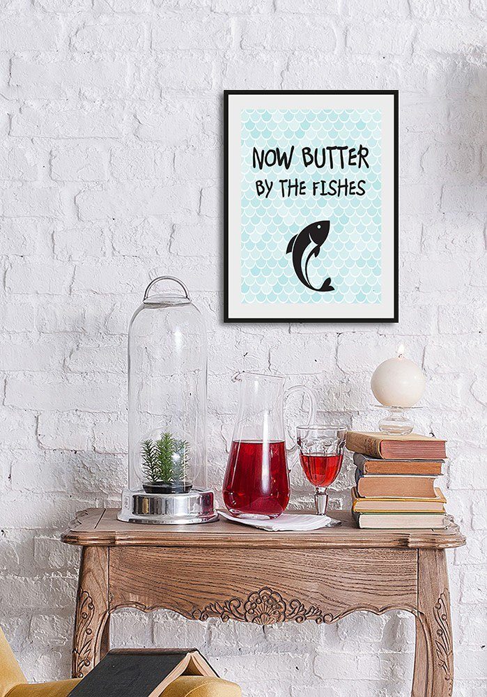 queence Bild NOW BUTTER BY THE FISHES, Schriftzug (1 St) blau/schwarz | Kunstdrucke