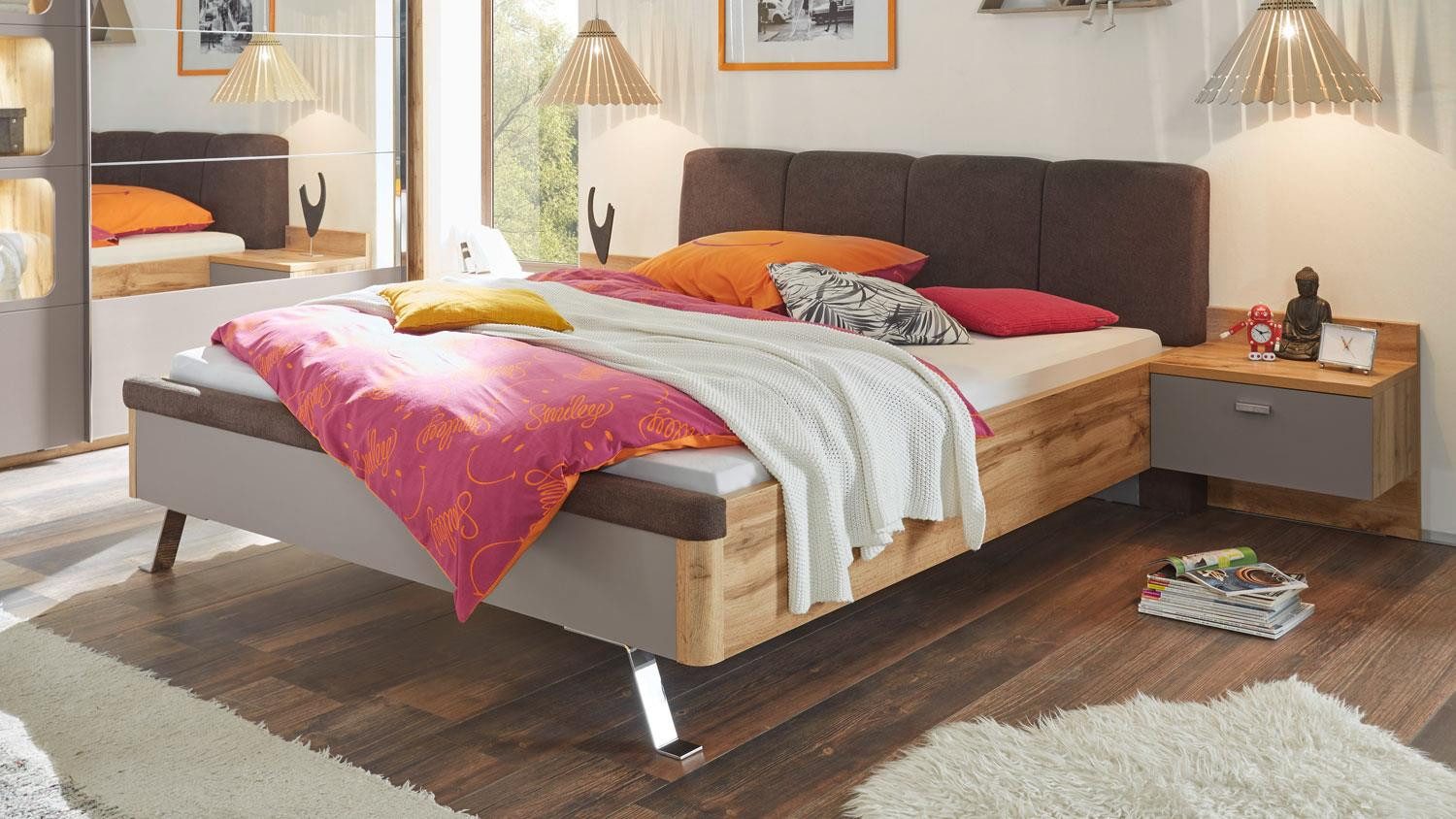 Schlafkontor Bettanlage Bettanlage MONACO 180x200 cm basaltgrau und Wildeiche