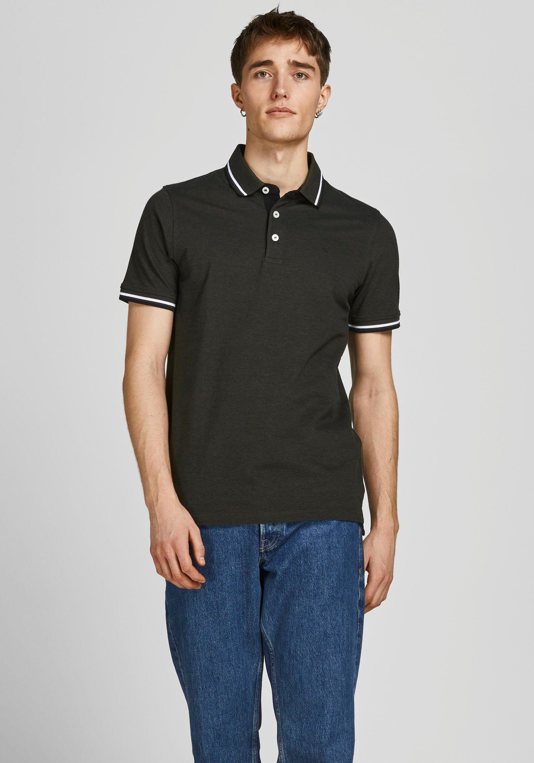 Jack & Jones Poloshirt JJEPAULOS im Doppelpack mit Logostickerei und Komfort (Packung, 2-tlg., 2er-Pack) unifarben mit Farbeinsatz, modisch, schmal, Baumwolle, Polokragen