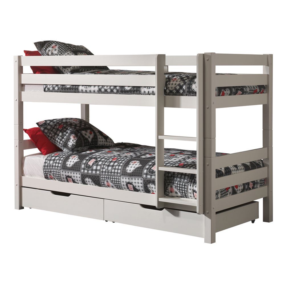 Lomadox Etagenbett PINOO-12, Kinderzimmer mit Leiter in Kiefer massiv weiß lackiert 210/140/105 cm