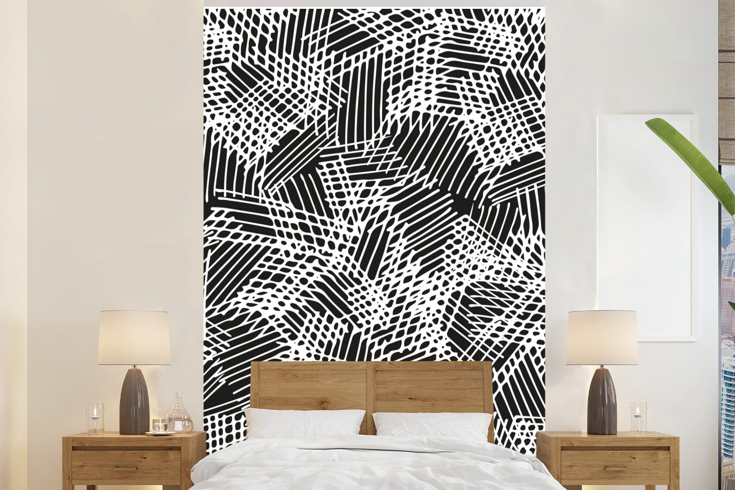 Weiß Einfarbig Schwarz Wohnzimmer, für Montagefertig Matt, Fototapete Tapete Wandtapete bedruckt, Vinyl MuchoWow Gemustert, (3 - St), - -