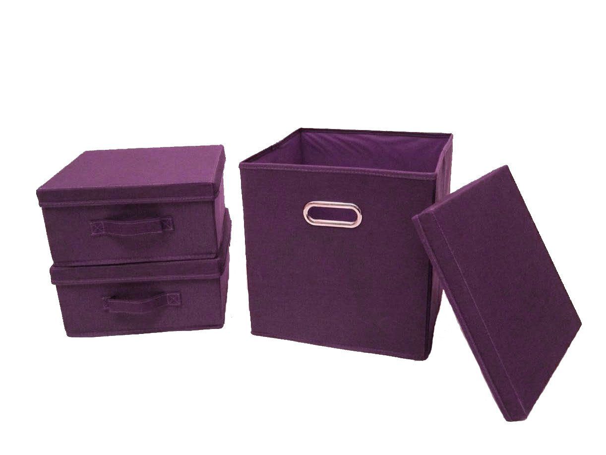 ARTRA Dekokorb (3 St), Ordnungsboxen Violett 3er SET Aufbewahrungsbox Brombeere Stoff Aufbewahrungskorb mit Deckel Faltbar Spielzeugkiste Einschubkorb Regalbox Stoffbox violett, 28,5x28,5x13,5h 1 Karton:30,5x30,5x30,5h