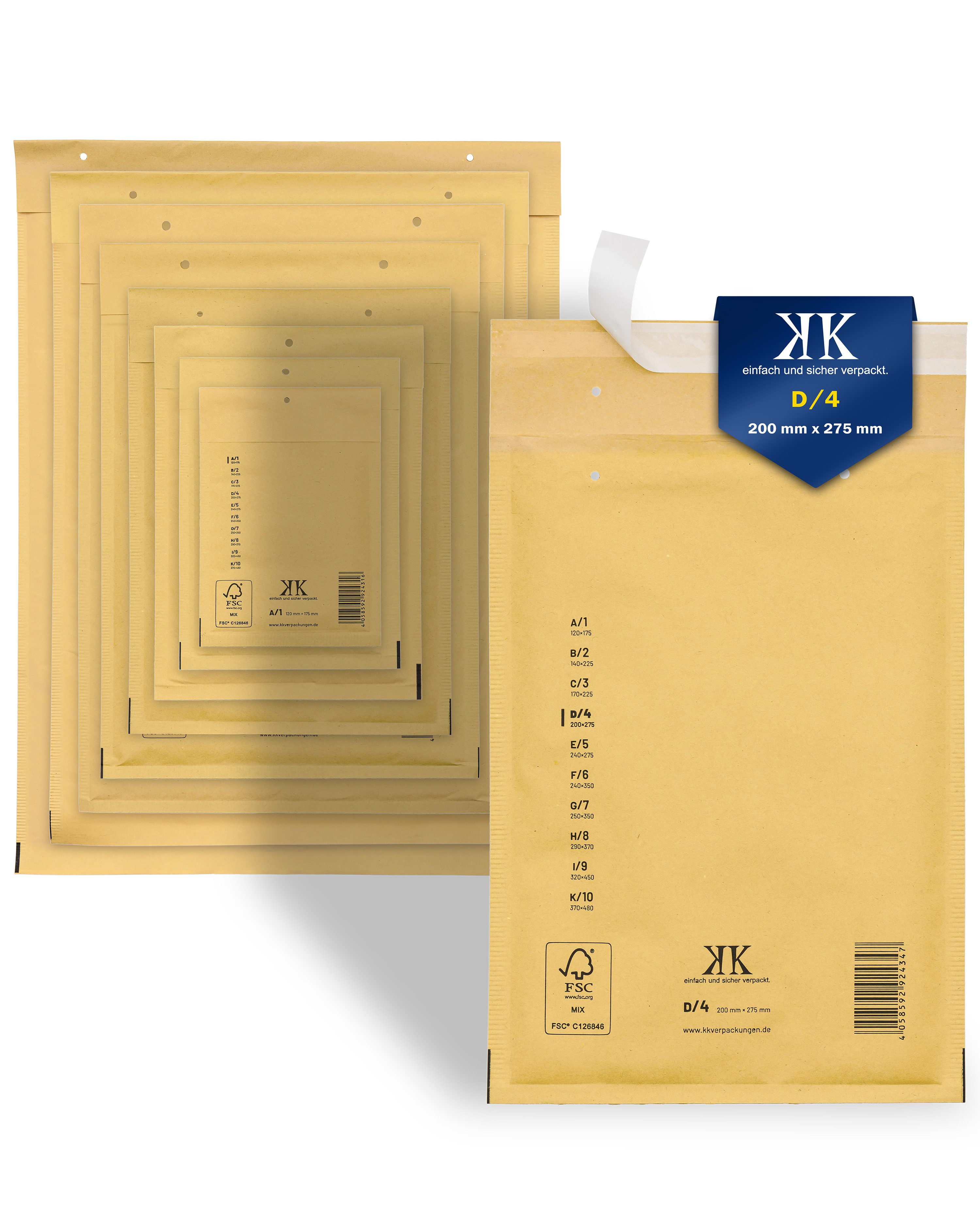 KK Verpackungen Versandtasche, 100 Luftpolster-Versandtaschen D4 D/4 200x275mm (Außenmaß) Braun