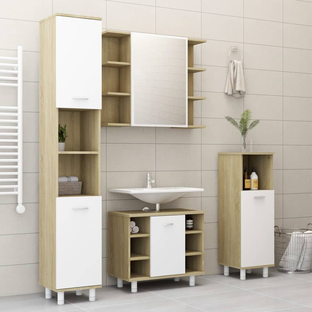 Badezimmer-Set cm Badezimmerschrank Holzwerkstoff, (1-St) Sonoma-Eiche 30x30x179 vidaXL Weiß und Weiß Sonoma-Eiche