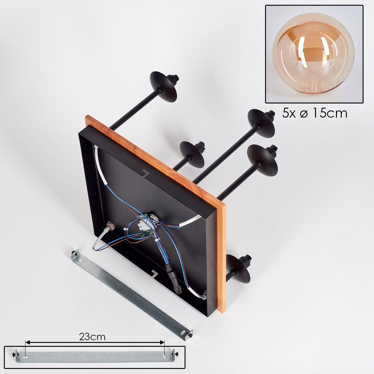 hofstein Deckenleuchte Deckenlampe aus Metall/Holz/Glas in Schwarz/Natur/Bernsteinfarben, ohne Leuchtmittel, Leuchte mit Schirmen aus Glas (15 cm), 5 x G9, ohne – Bild 5 von 5