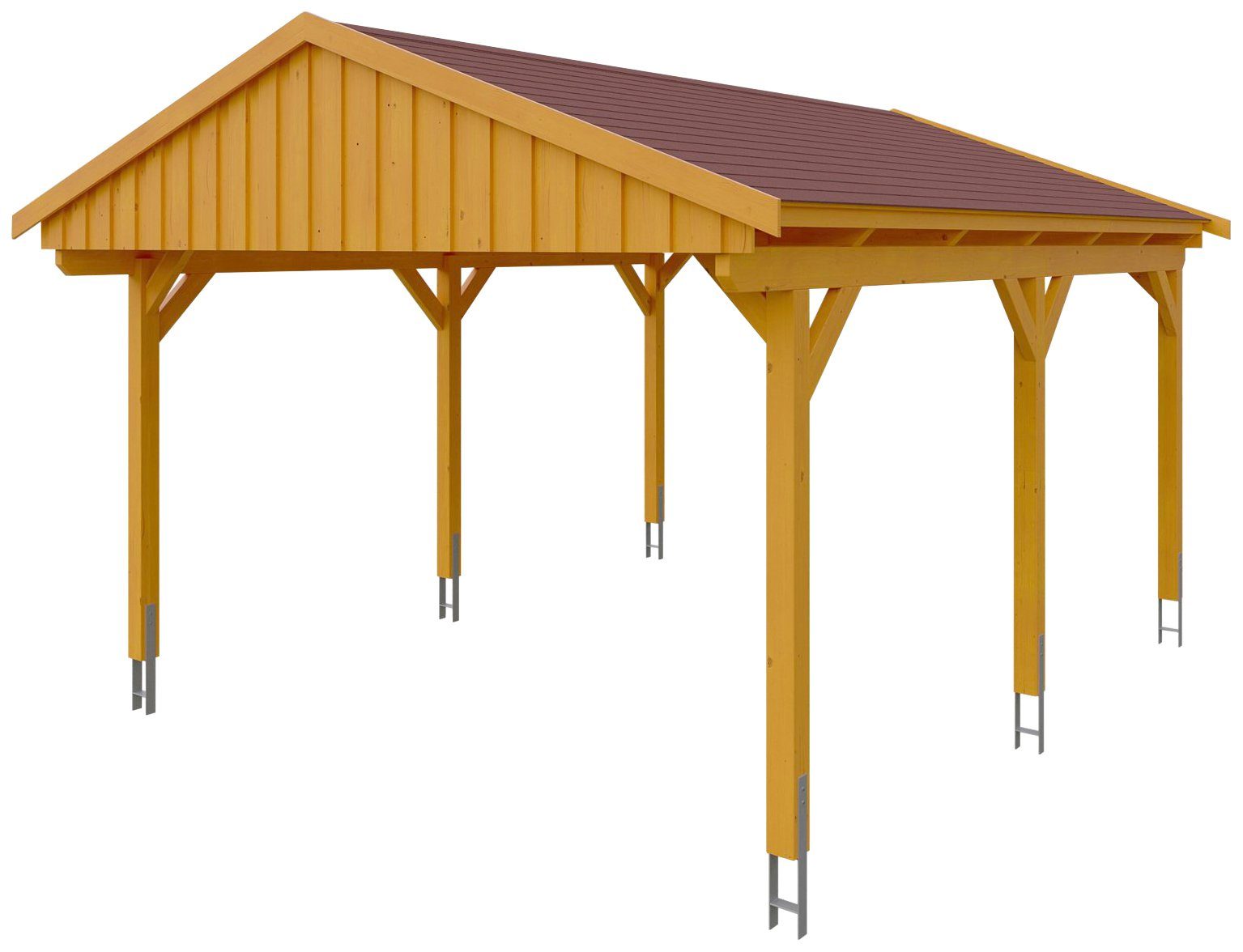 Skanholz Einzelcarport Fichtelberg, BxT: 423x566 cm, 379 cm Einfahrtshöhe,  mit roten Schindeln, Satteldach-Carport, farblich behandelt in eiche hell