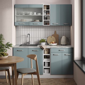 Vicco Küchenzeile R-Line, Blau-Grau/Weiß, 160 cm mit Arbeitsplatte